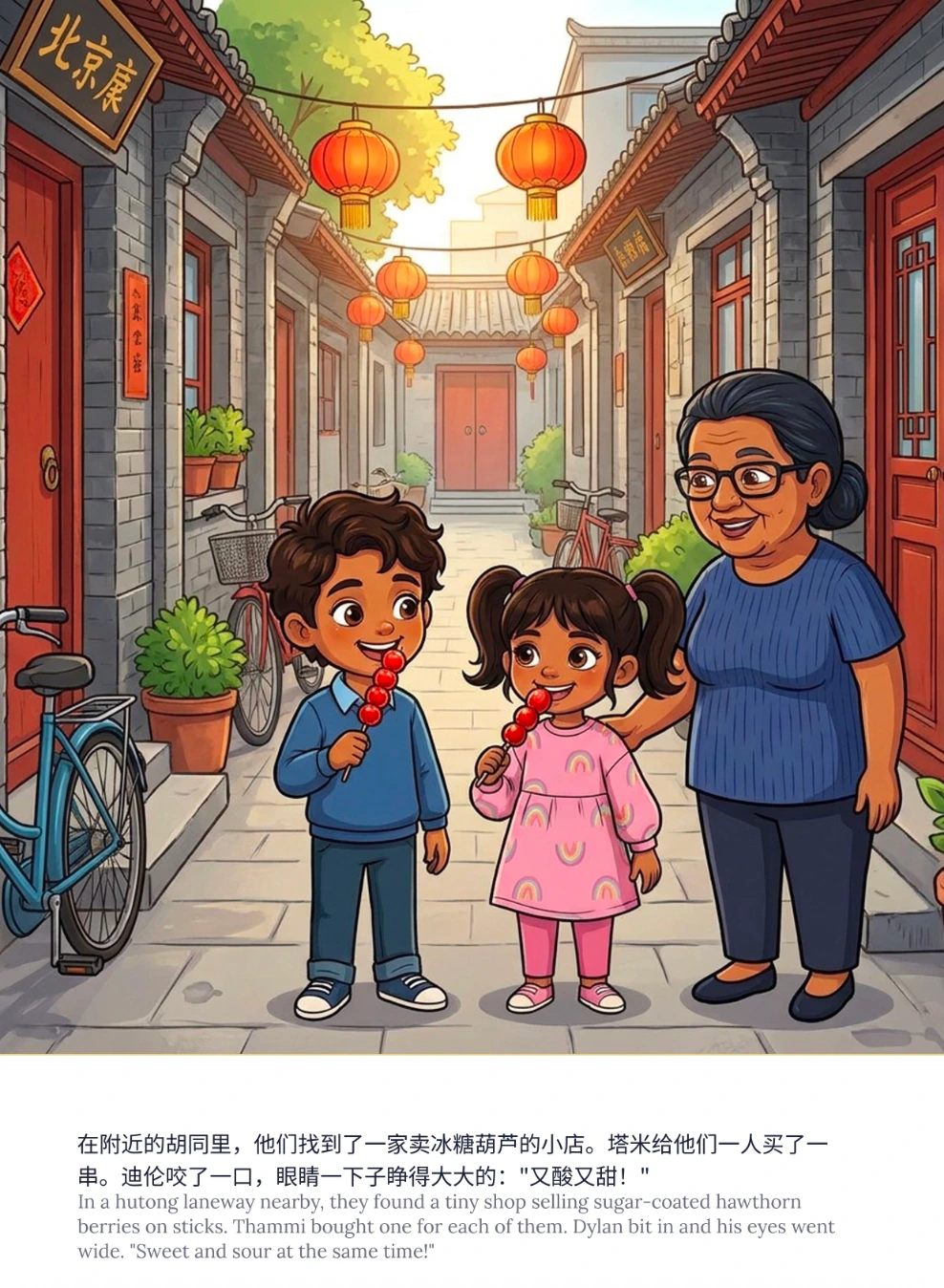Bilingual story page showing a grandmother and two children sharing candied hawthorn in a Beijing hutong
