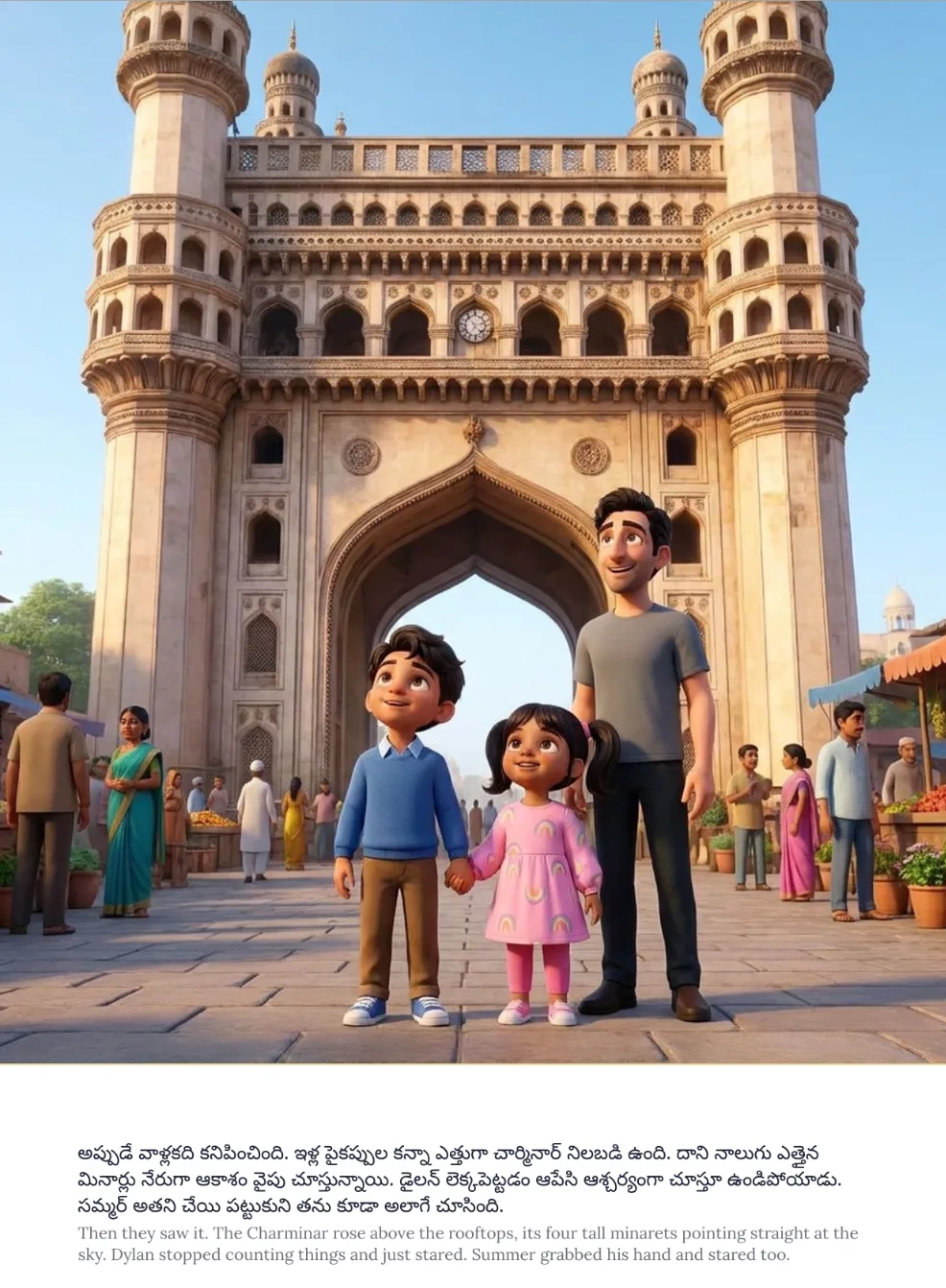 Bilingual 3D animated story page showing a father and two children visiting the Charminar in Hyderabad