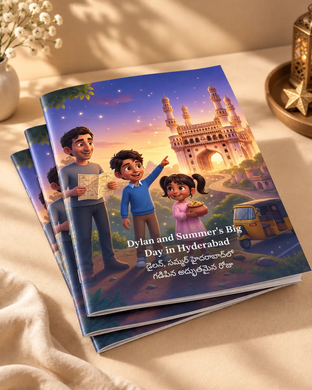 A stack of beautifully printed personalised children's books on a warm, illuminated desk