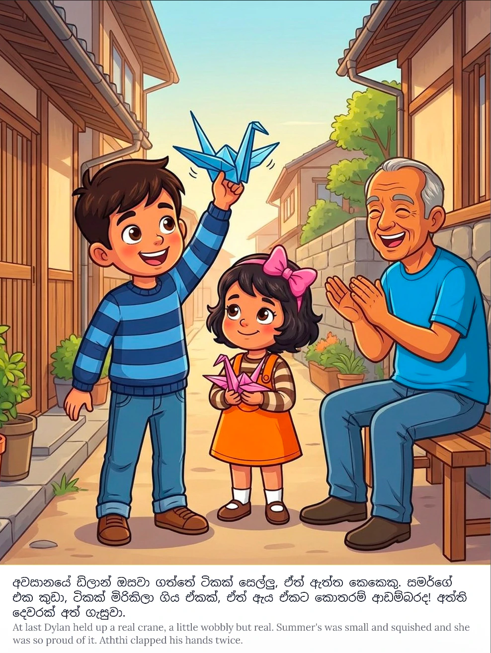 Bilingual story page showing a grandfather and two children folding colourful origami cranes in Japan