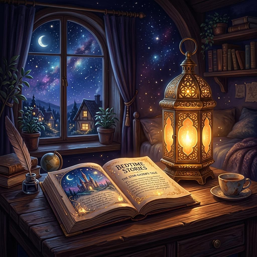 A lantern illuminating a storybook at night