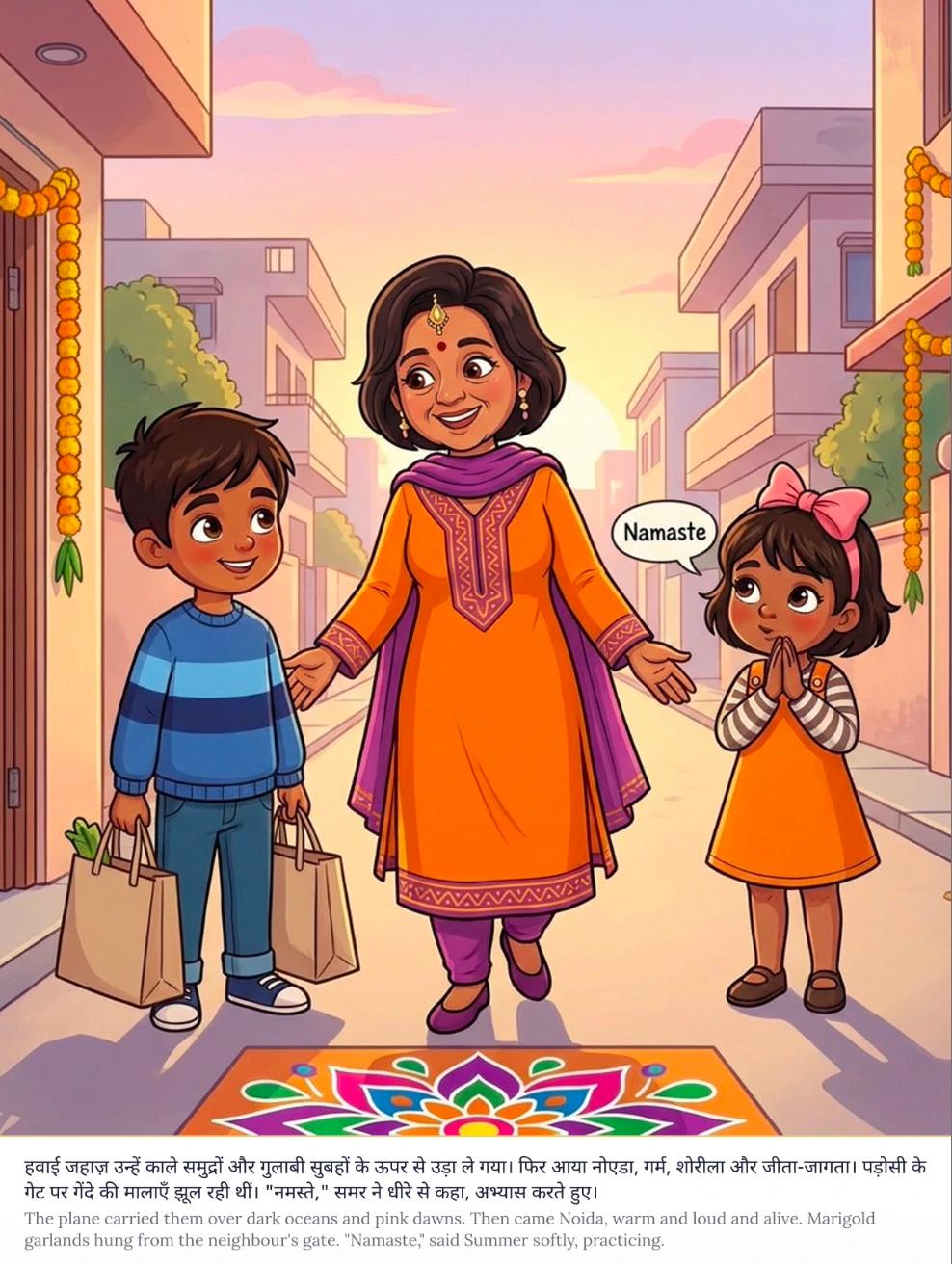 Bilingual story page showing a mother welcoming two children beside marigold garlands in Noida