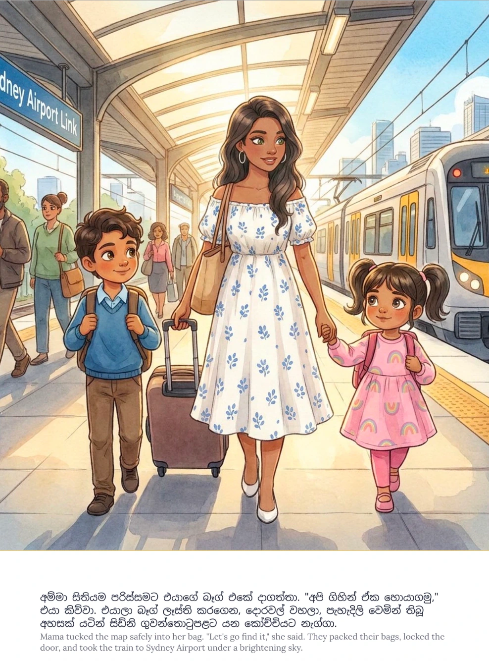 Bilingual story page showing a mother and two children arriving at Sydney Airport by train